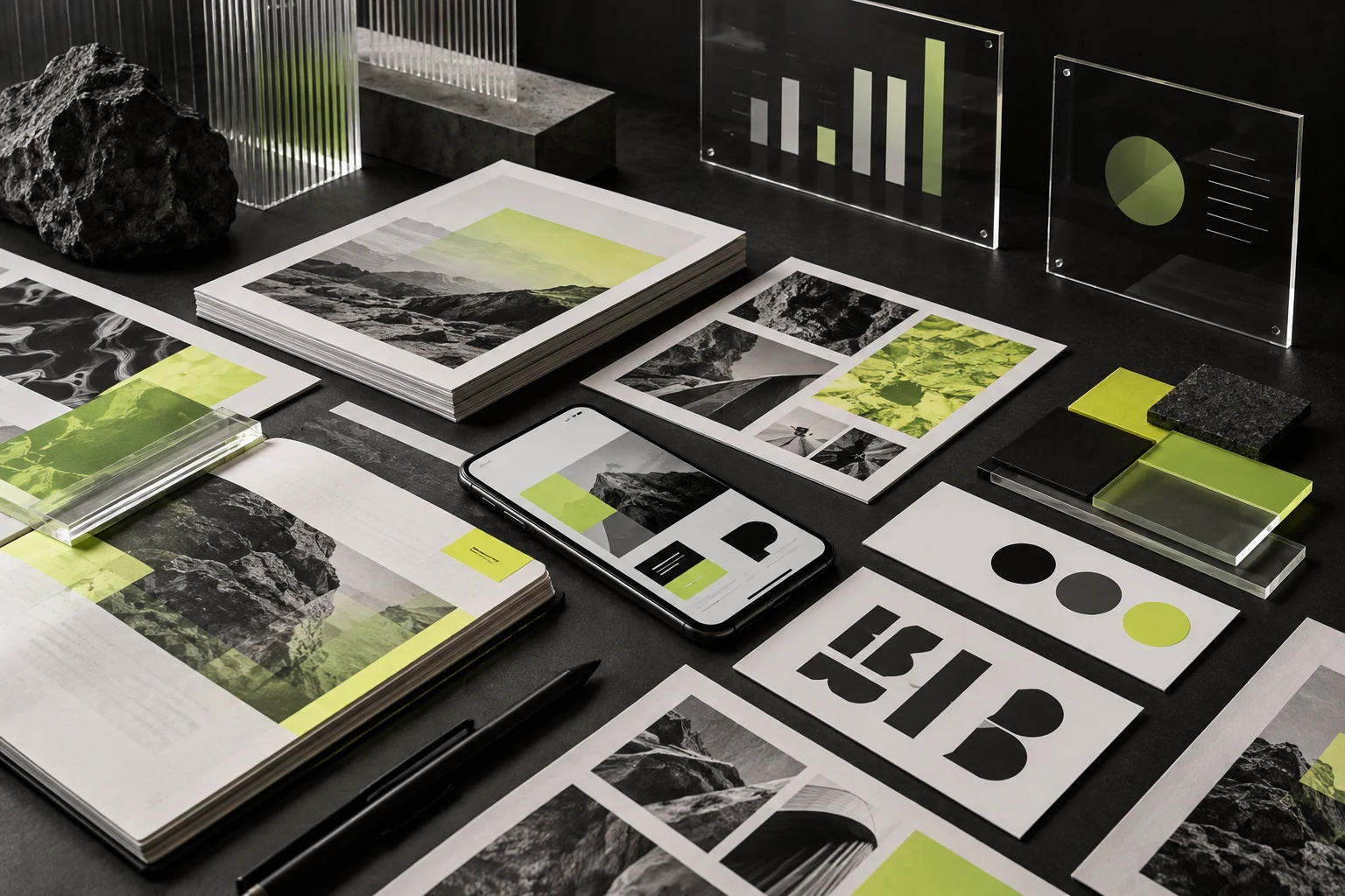 Illustrative campaign planning workspace with creative layouts, mobile designs and color palettes