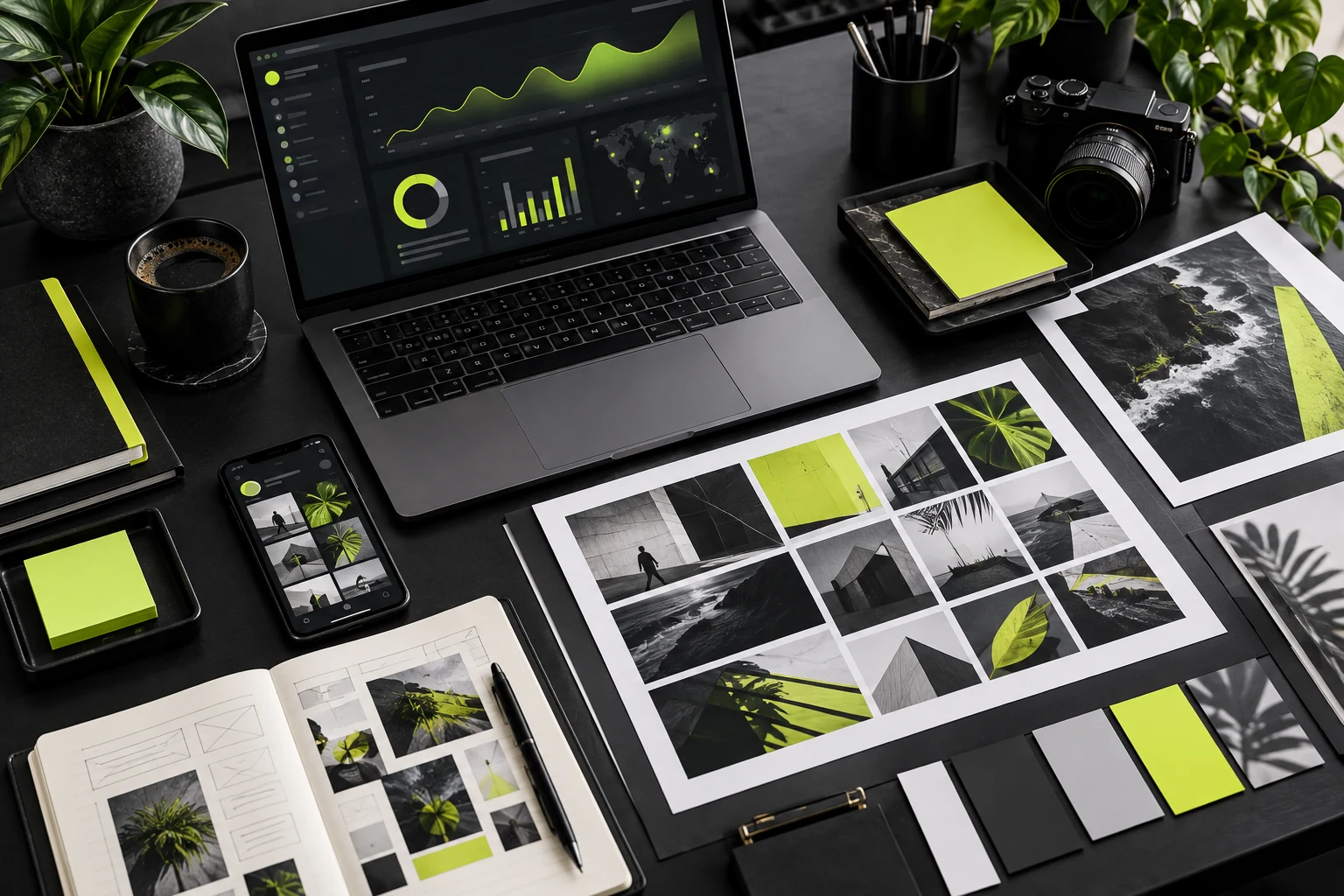 Editorial illustration of a marketing workspace with campaign layouts, a laptop and brand swatches